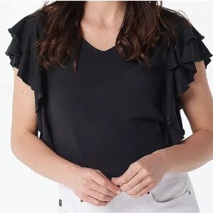NWOT Belle by Kim Gravel Slub Knit Double Ruffle V Neck Shirt Black xxs
